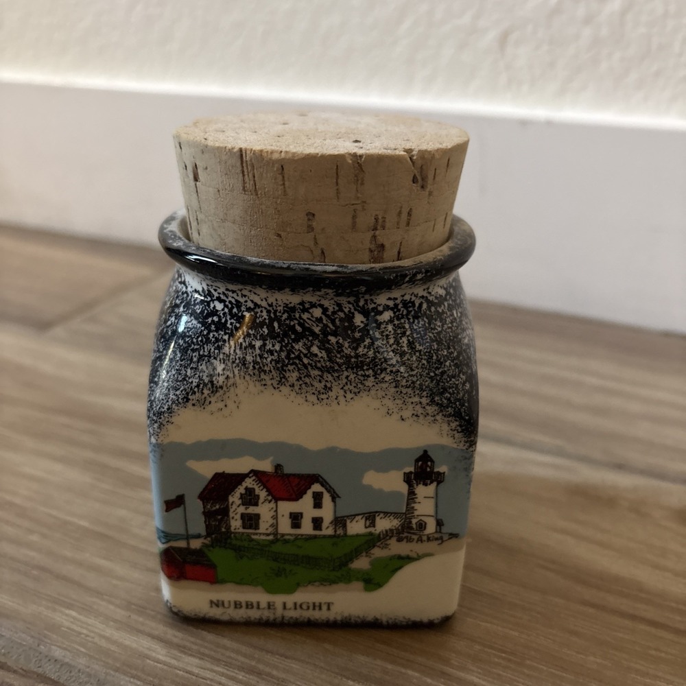 Hand Painted Ceramic Nubble Light Lighthouse Jar Cork Stopper Folk Art 5.5"